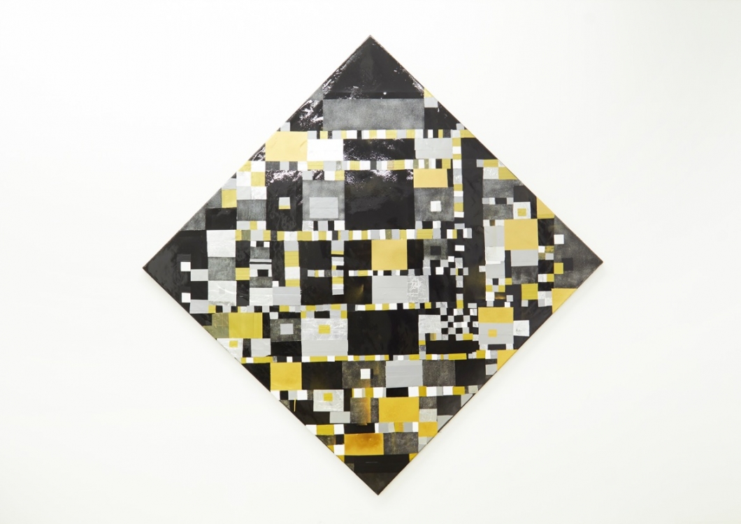 Nite Flights (After Mondrian), 2014. Cement, epoxy, spray paints and varnish spray on canvas, 200 x 150 cm.  Nite Flights (After Mondrian), 2014. Cement, epoxy, spray paints and varnish spray on canvas, 200 x 150 cm.