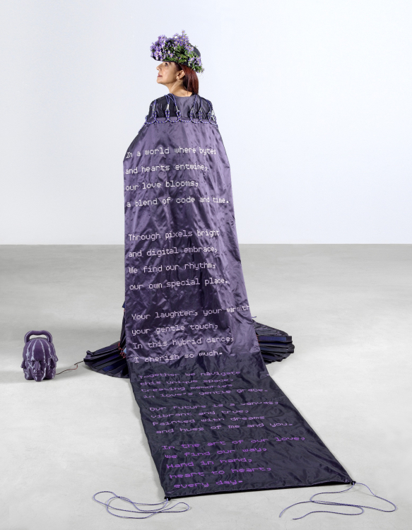 Veil of Alicia Framis' wedding dress for the wedding of The Hybrid Couple at Depot Boijmans van Beuningen - The poem on the veil was made by her (now) hologram husband Ailex  Veil of Alicia Framis' wedding dress for the wedding of The Hybrid Couple at Depot Boijmans van Beuningen - The poem on the veil was made by her (now) hologram husband Ailex