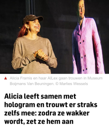 Dutch newspaper AD about Alicia Framis wedding with an AI hologram (Dutch)